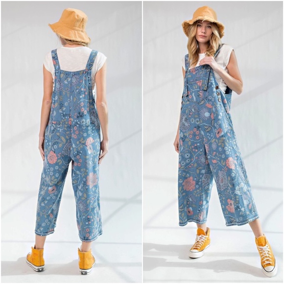 Easel Vintage Wash Floral Print Denim Oversized Overalls Jumpsuit - Picture 5 of 6